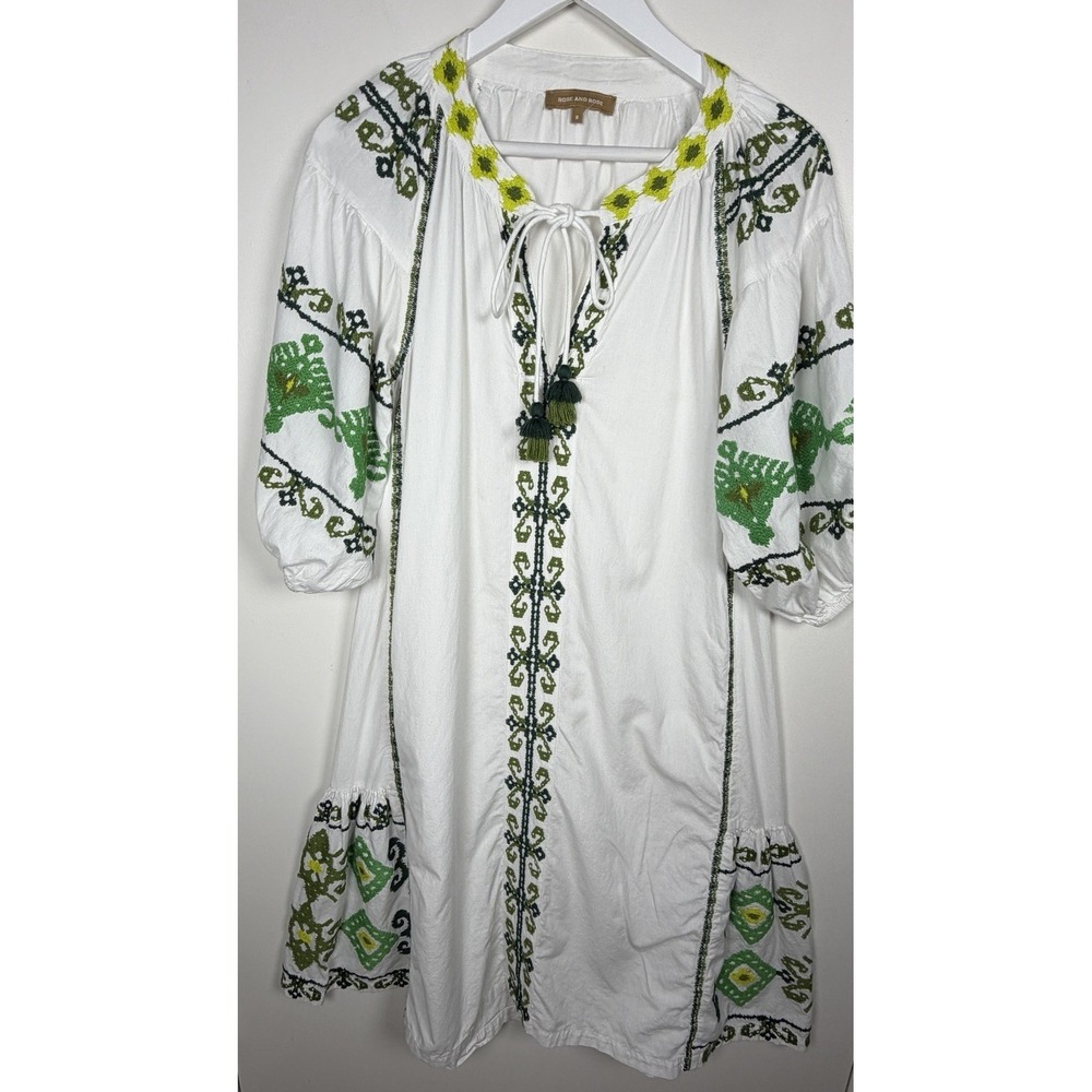 Rose And Rose Size Small Amersham White & Green MIDI Boho Embriodered Dress - Picture 3 of 12